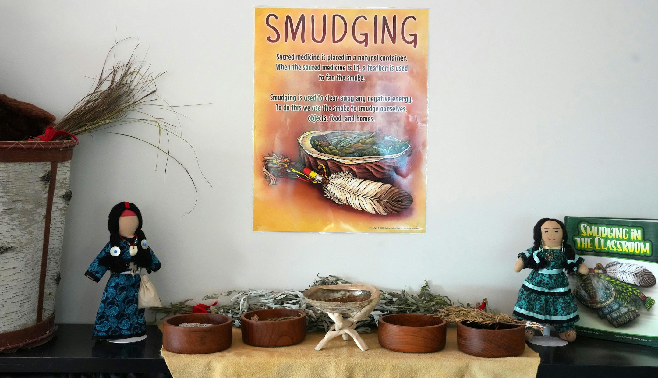 Michele Fairbanks, the kindergarten through fourth grade Ojibwe language and culture specialist at the American Indian Magnet School, keeps all the supplies for smudging in a special place in her classroom.