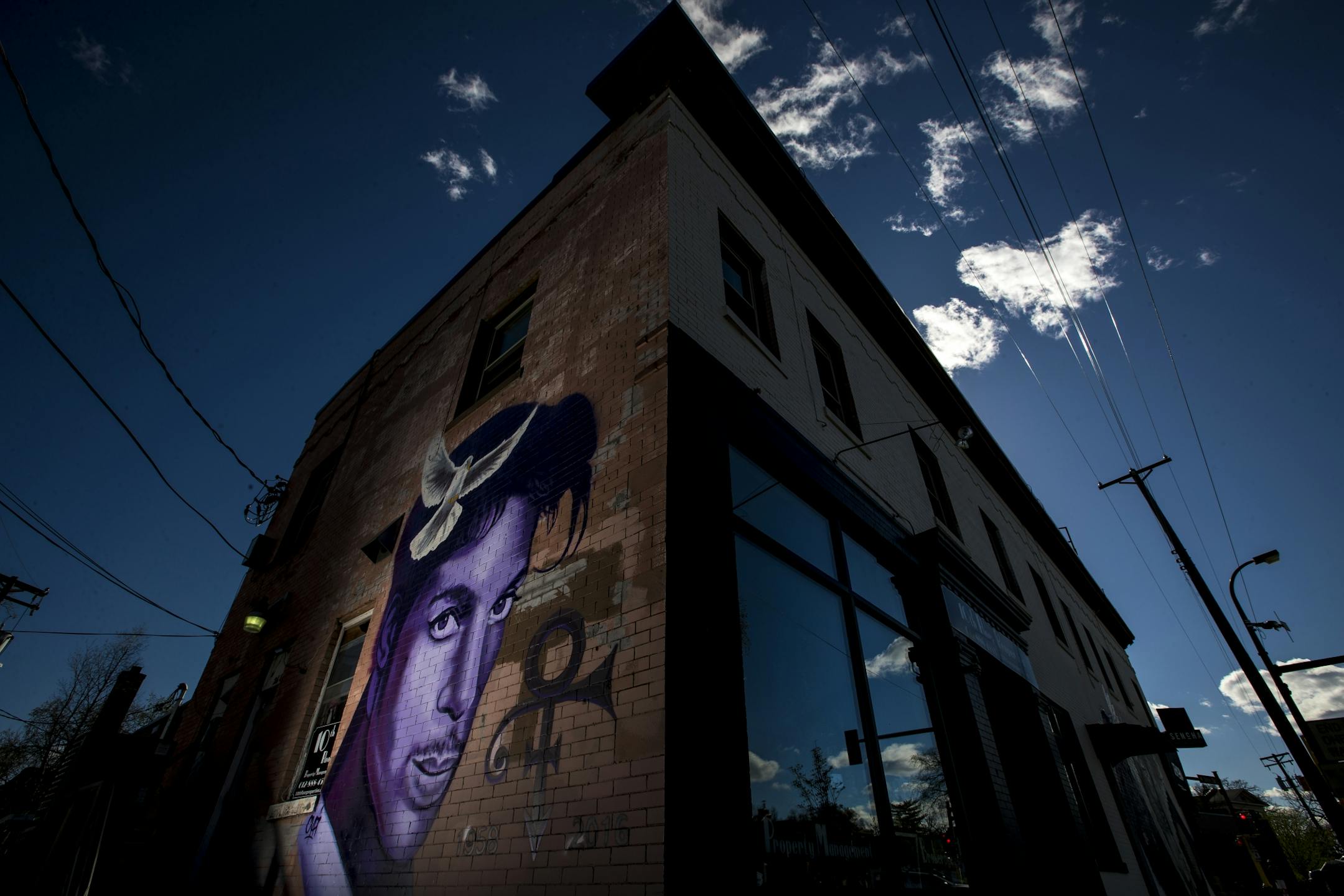 A mural of Prince by local artist Rock "Cyfi" Martinez on a building located at 26th Street and Hennepin Avenue in Uptown Minneapolis.