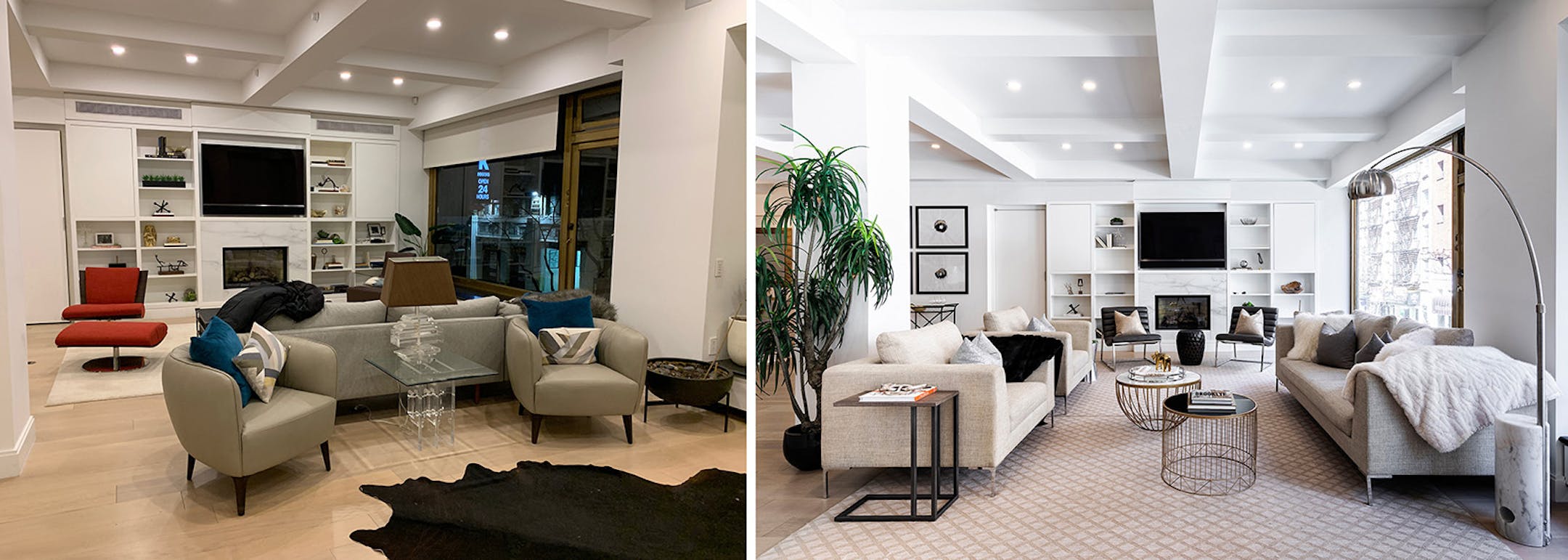 Before and after: An oversized, visually challenging living room is made open and fully functioning through proper furniture placement and a neutral color scheme.