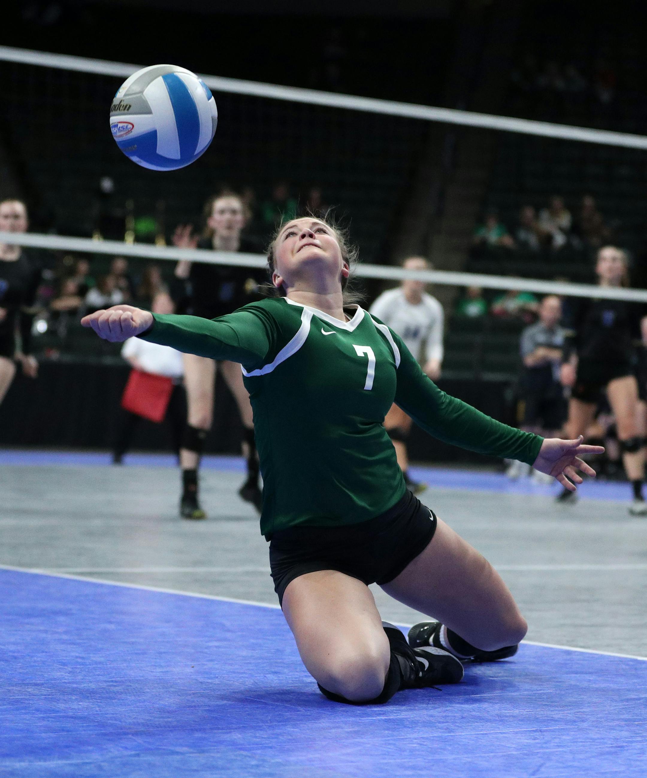 Maple Lake's Mollie Scheiber (7) dove to save the ball from going out of bounds. ] ANTHONY SOUFFLE ï anthony.souffle@startribune.com Game action from a Class 2A semifinal volleyball game between Maple Lake and Academy of Holy Angels Friday, Nov. 10. 2017 at the Xcel Energy Center in St. Paul, Minn.
