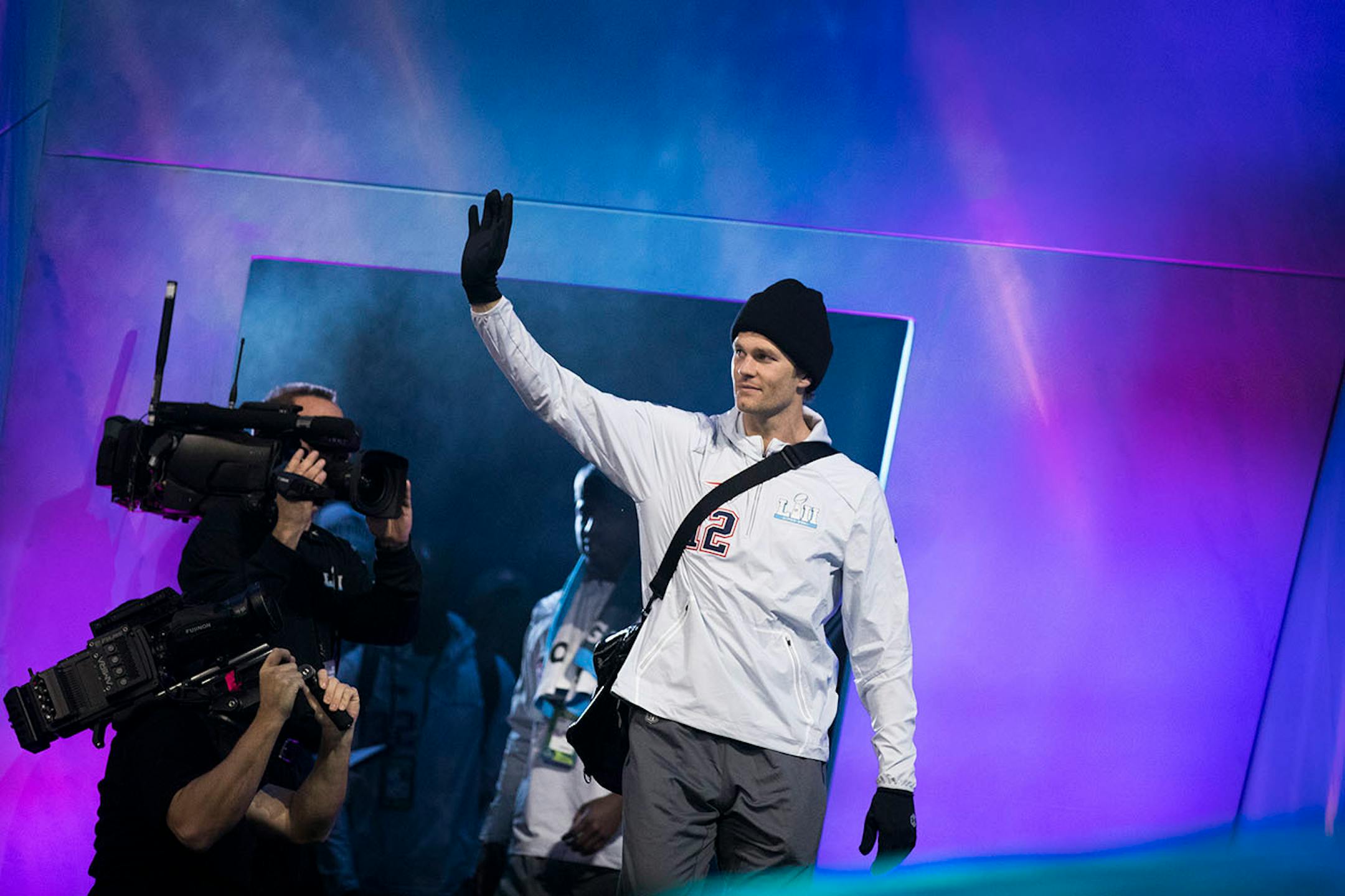 Tom Brady walks on stage for the introduction of the New England Patriots.
