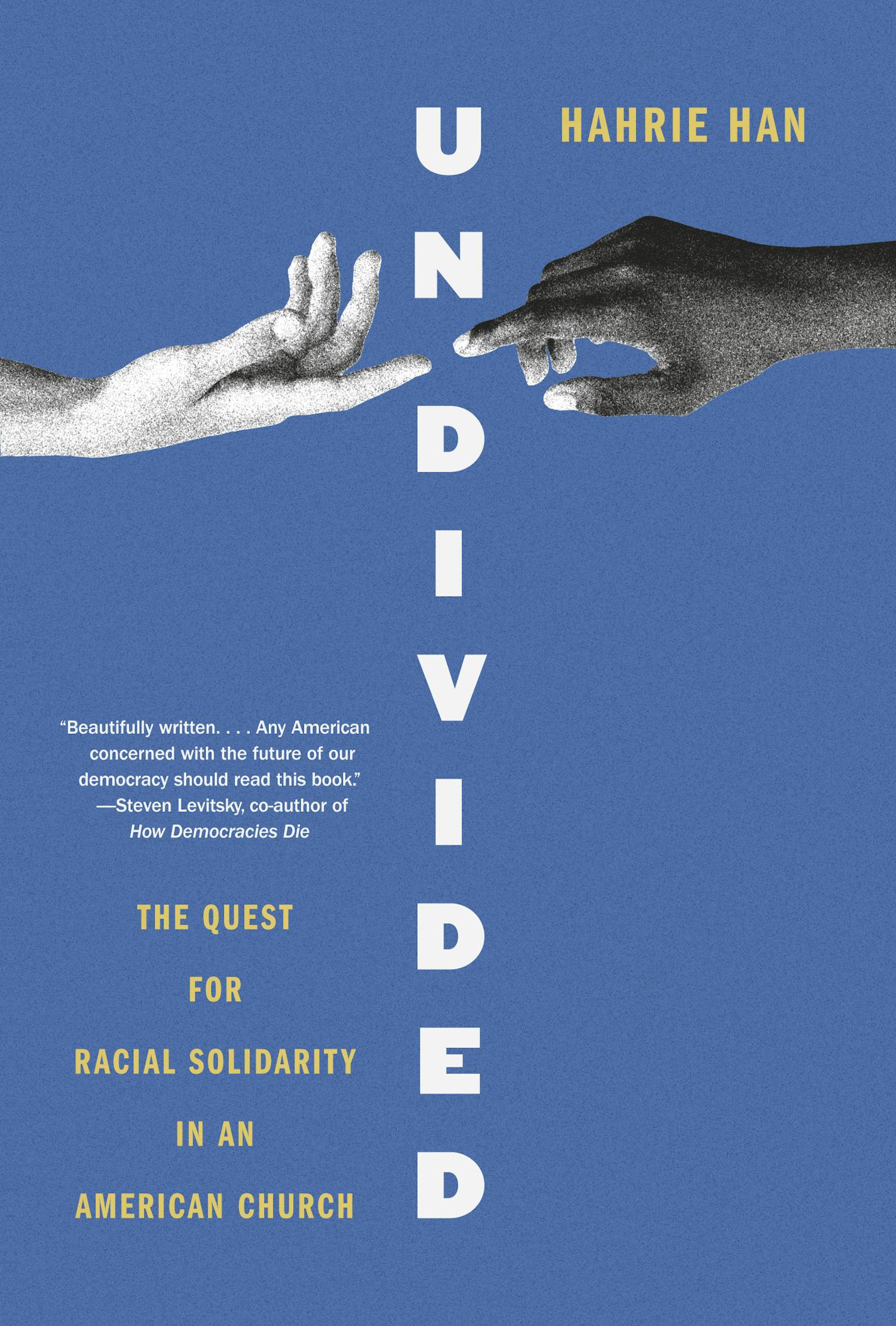 Against a blue background, cover of Undivided features two hands reaching out to each other