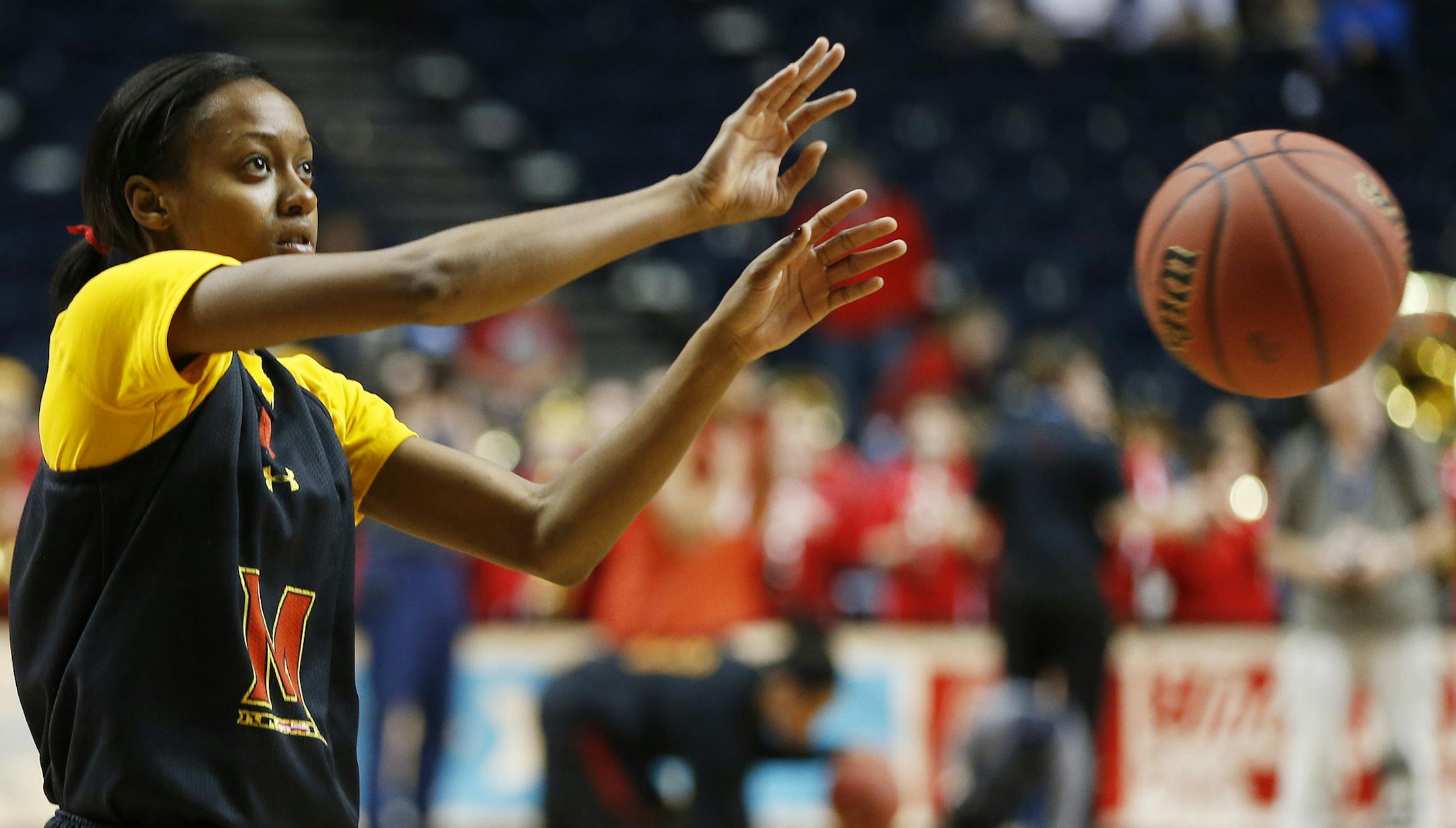 Maryland guard Shatori Walker-Kimbrough (32) works during practice before the women's Final Four of the NCAA college basketball tournament, Saturday, April 5, 2014, in Nashville, Tenn. Maryland plays Notre Dame Sunday. (AP Photo/Mark Humphrey)