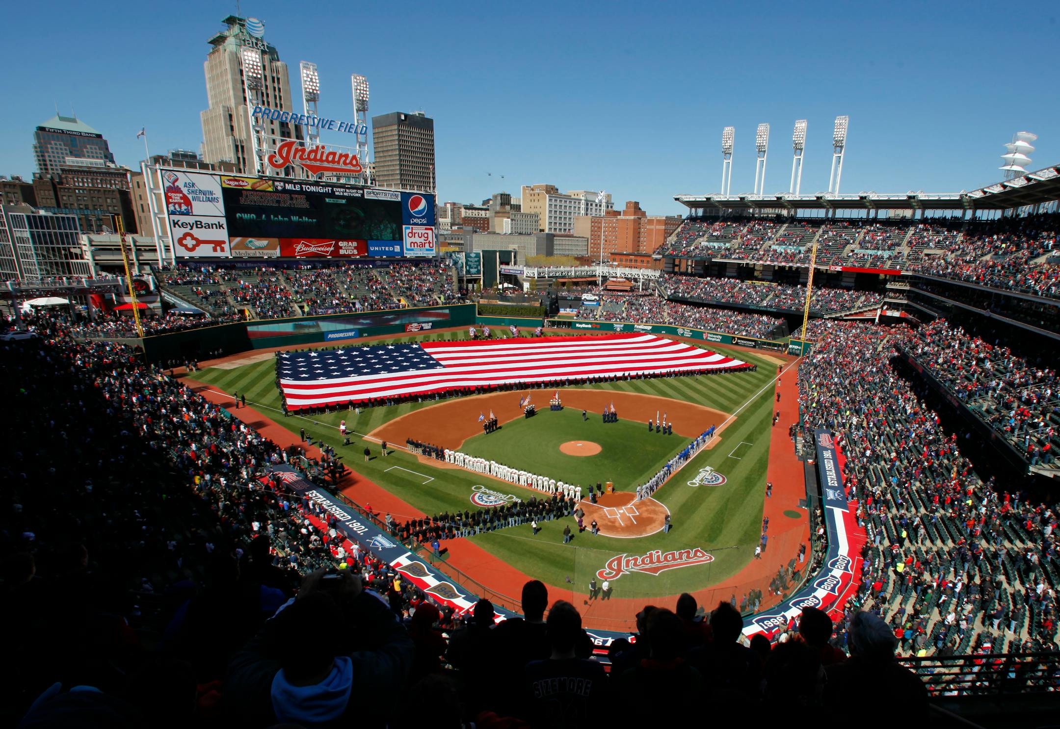 Progressive Field, seen here on Opening Day, was the site of 18 innings of baseball Wednesday between the Twins and Indians. The teams split a doubleheader.
