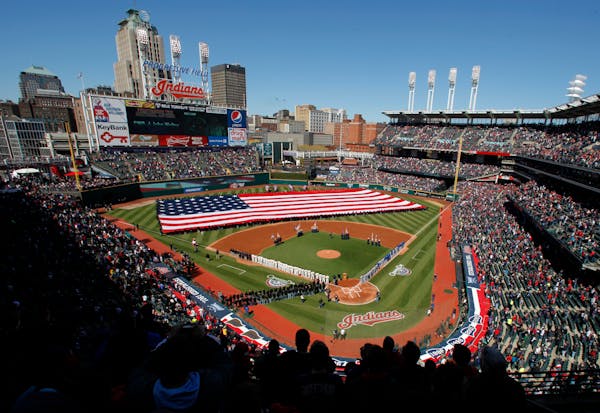 Progressive Field, seen here on Opening Day, was the site of 18 innings of baseball Wednesday between the Twins and Indians. The teams split a doubleh