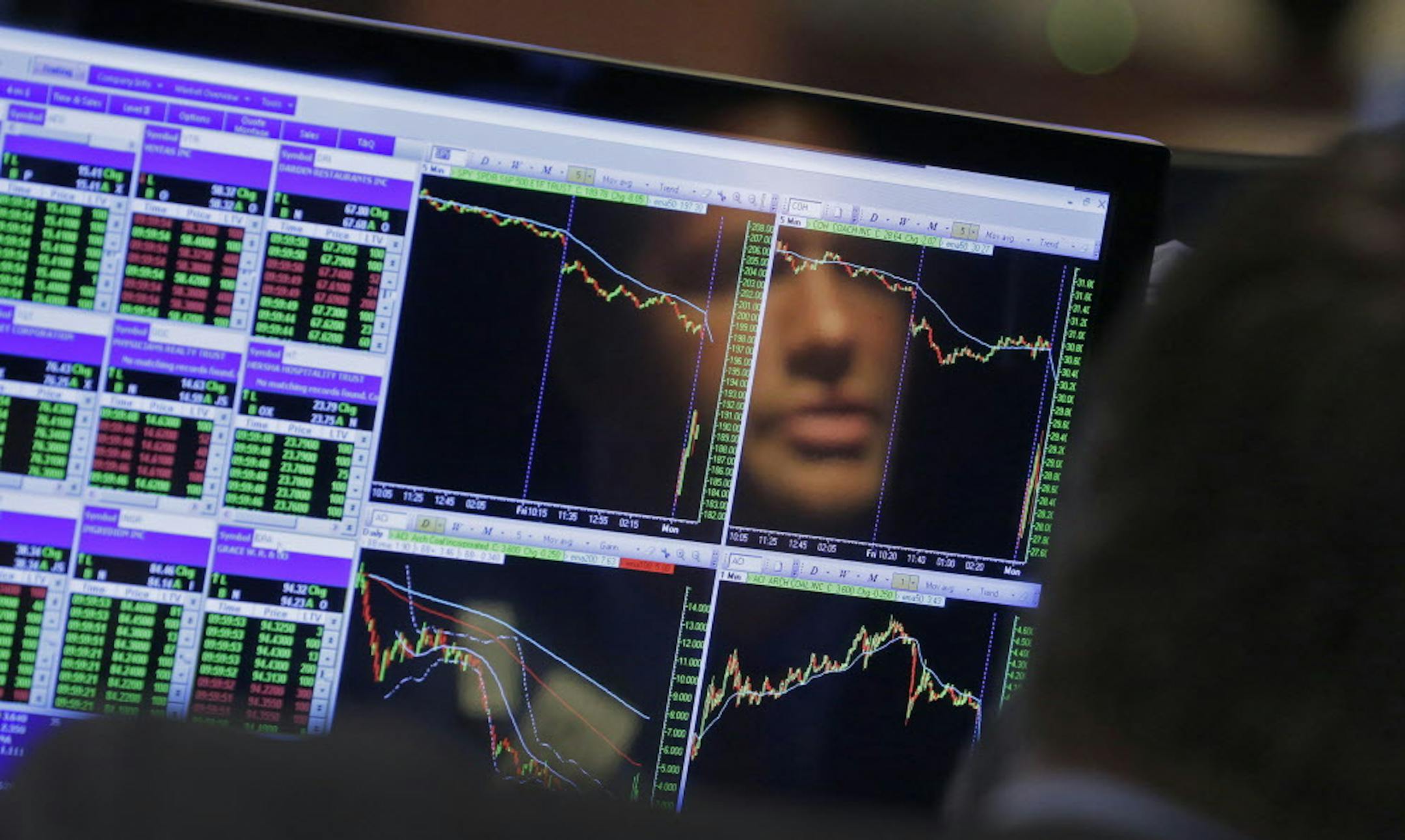 Specialist Frank Masiello is reflected in his screen on the floor of the New York Stock Exchange, Monday, Aug. 24, 2015. U.S. stock markets plunged in early trading Monday following a big drop in Chinese stocks. (AP Photo/Richard Drew)