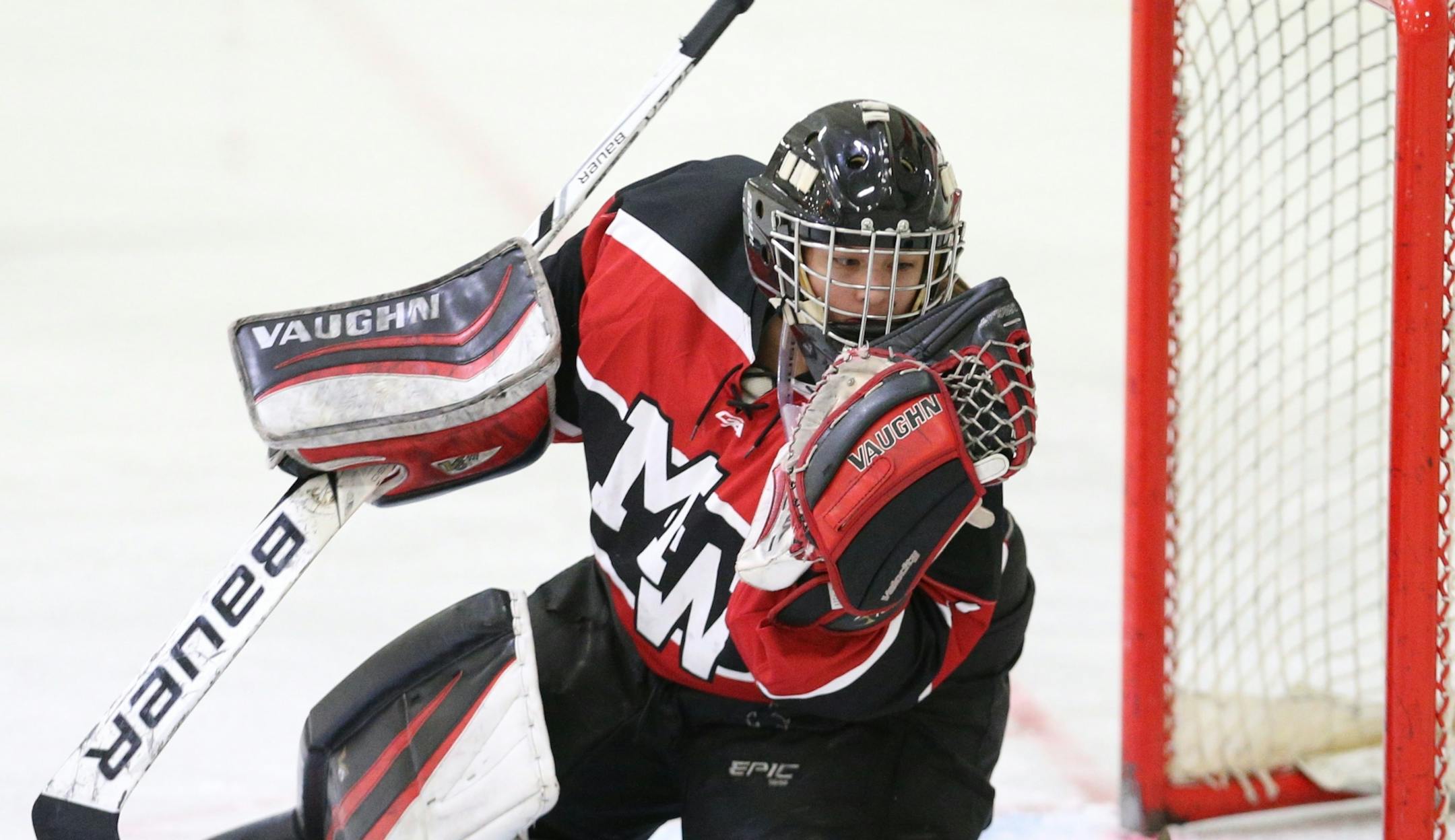 Emma Polusny, Mound Westonka goalie, in a Feb. 3 game against Orono. (Brian Nelson, SportsEngine)