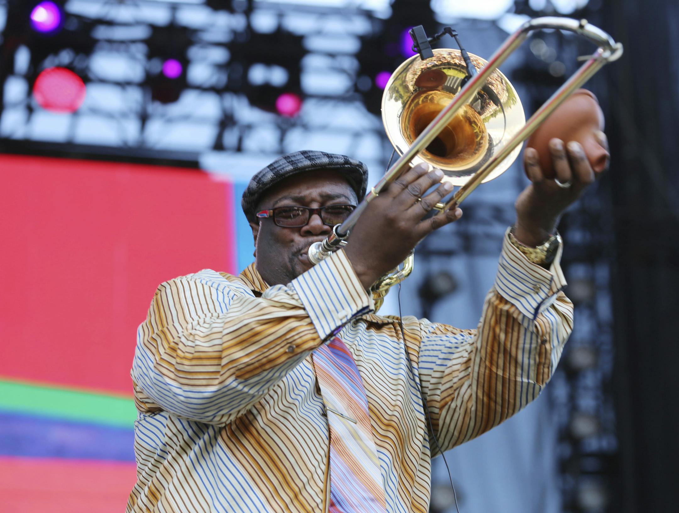 Ronell Johnson of Preservation Hall Jazz Band performs on Day 1 of the inaugural 2017 Arroyo Seco music festival on Saturday, June 24, 2017, in Pasadena, Calif. (Photo by Joseph Longo/Invision/AP)