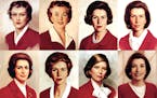 Betty Crocker’s likeness, starting at the top left, in 1936, 1955, 1965, 1969. At the bottom left is 1972, then moving right to 1980, 1986 and 1996,