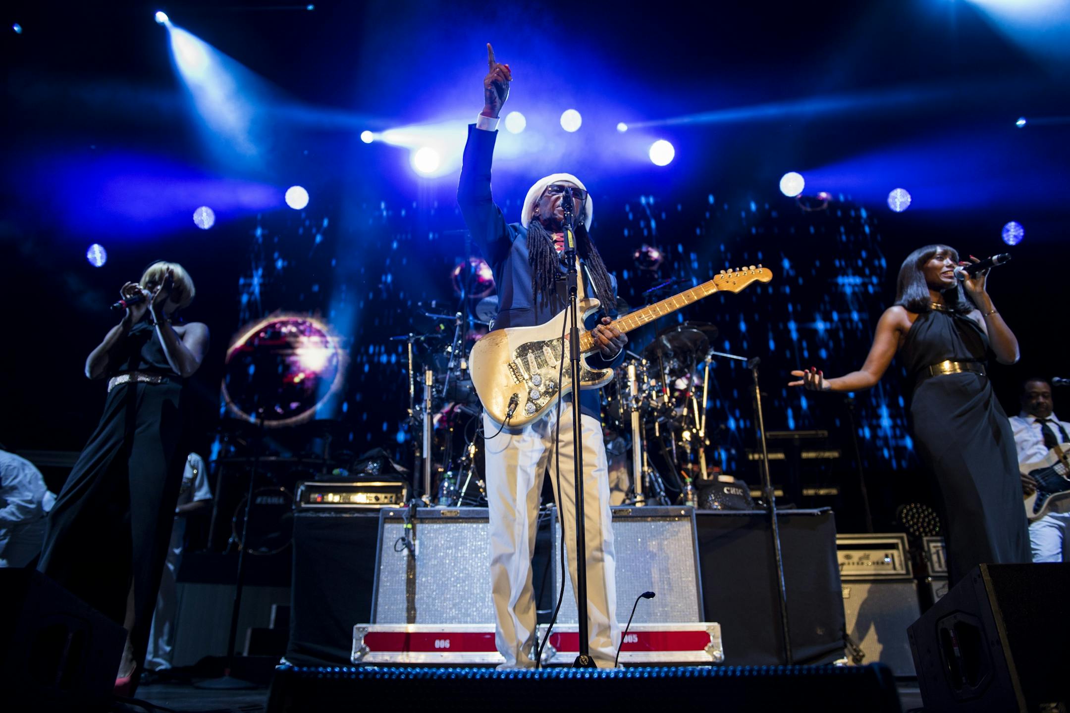Chic, featuring Nile Rodgers, center, performed at the Xcel Energy Center on Saturday night.