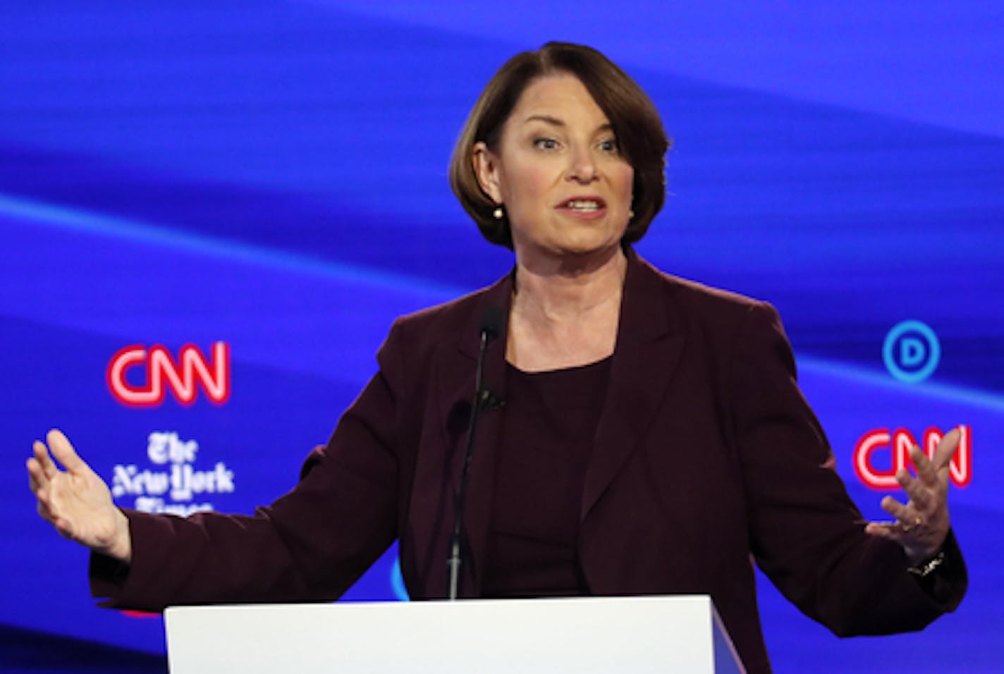 In this Oct. 15, 2019, photo, Democratic presidential candidate Sen. Amy Klobuchar, D-Minn., participates in a Democratic presidential primary debate hosted by CNN and The New York Times at Otterbein University in Westerville, Ohio. (AP Photo/John Minchillo)