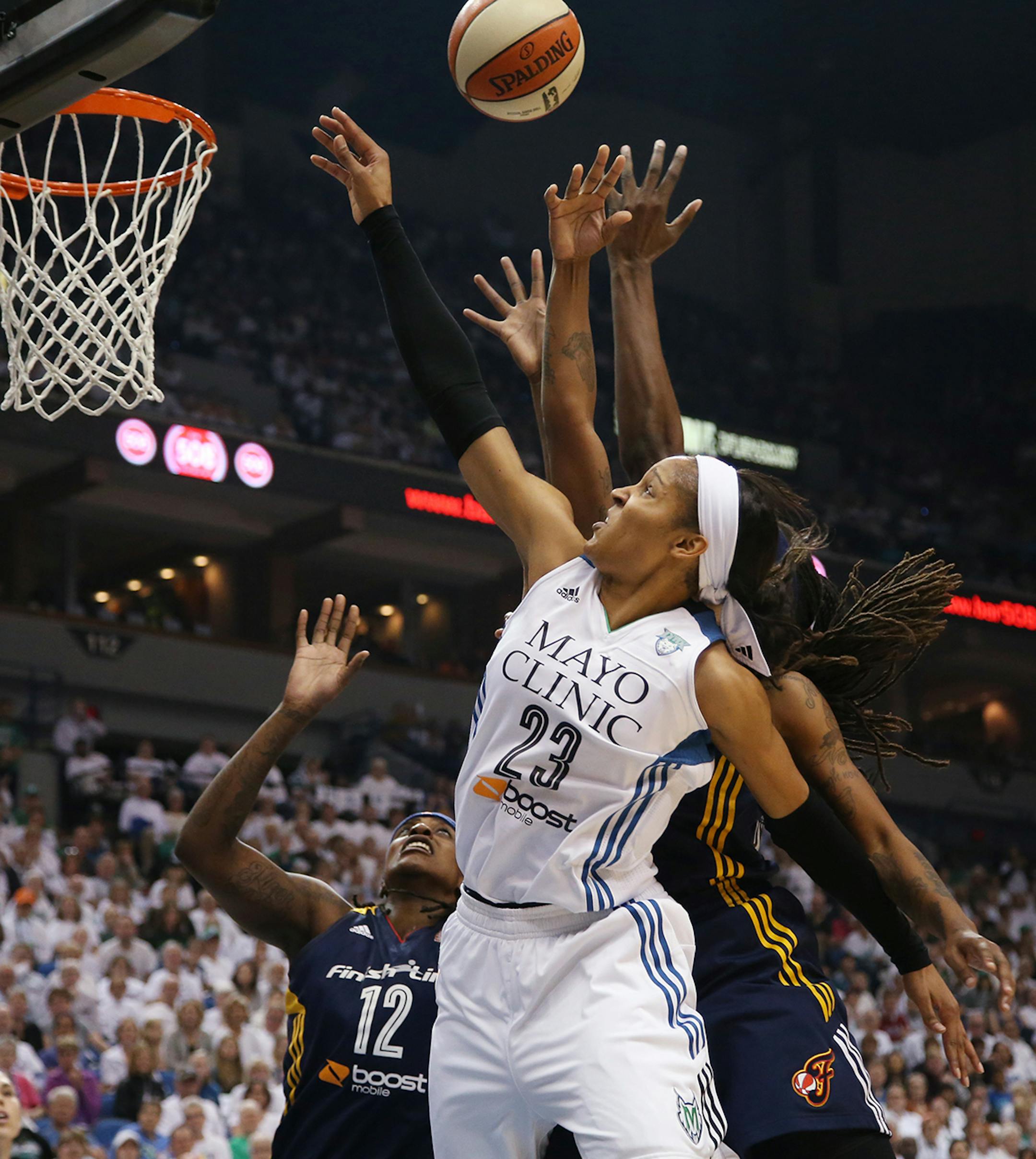 Minnesota Lynx forward Maya Moore (23) goes for a rebound during the first half.