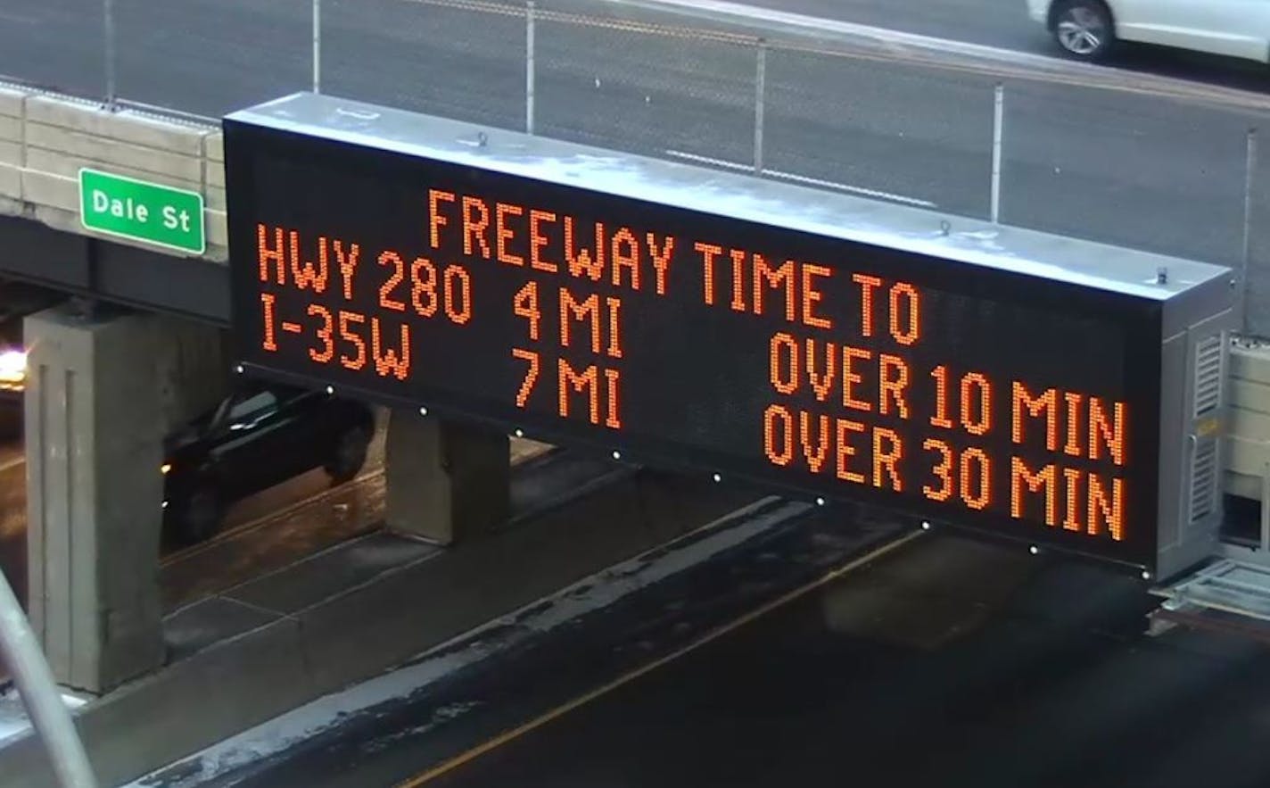 New high-resolution signs such as this one on westbound I-94 at Dale Street in St. Paul allow MnDOT to display distance as well as travel times.