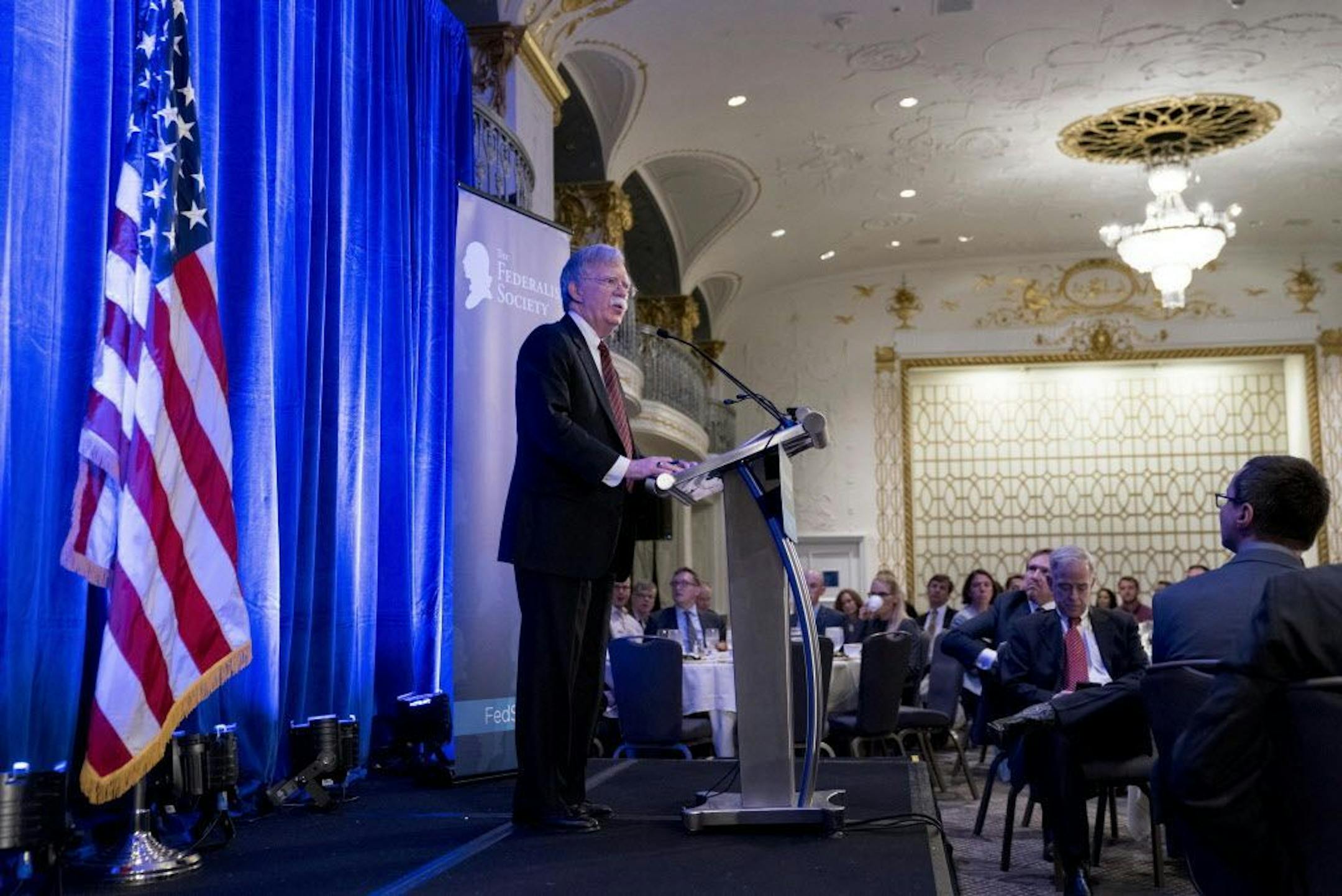 National Security Adviser John Bolton speaks at a Federalist Society luncheon at the Mayflower Hotel, Monday, Sept. 10, 2018, in Washington.