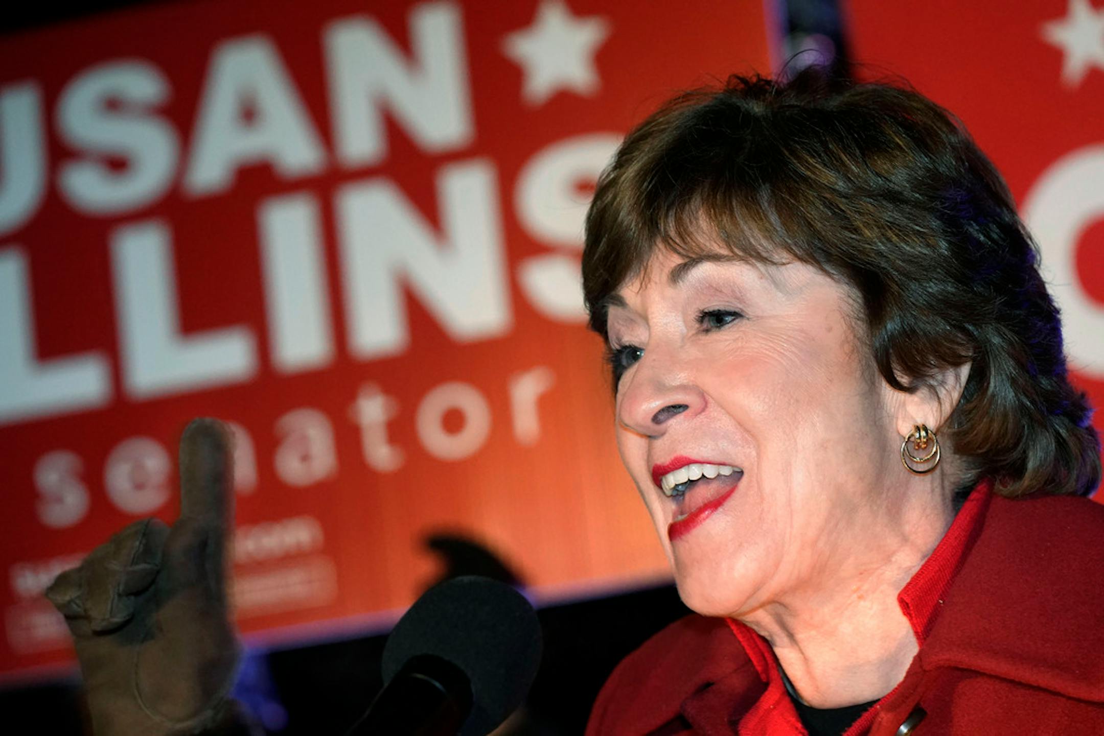 Sen. Susan Collins, R-Maine, addresses supporters just after midnight on Wednesday, Nov. 4, 2020, in Bangor, Maine. (AP Photo/Robert F. Bukaty)