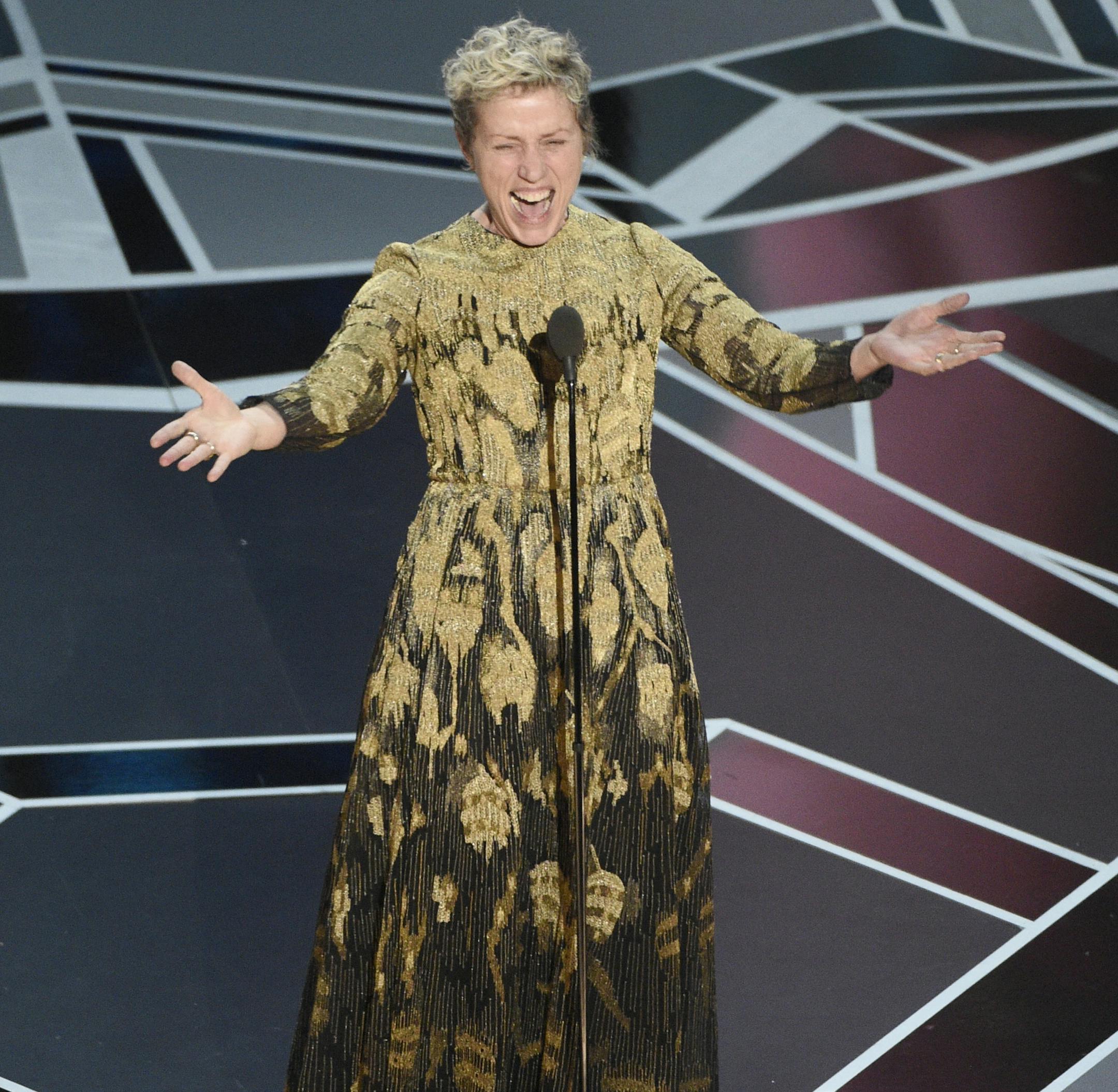 Frances McDormand accepts the award for best performance by an actress in a leading role for "Three Billboards Outside Ebbing, Missouri" at the Oscars on Sunday, March 4, 2018, at the Dolby Theatre in Los Angeles. (Photo by Chris Pizzello/Invision/AP)