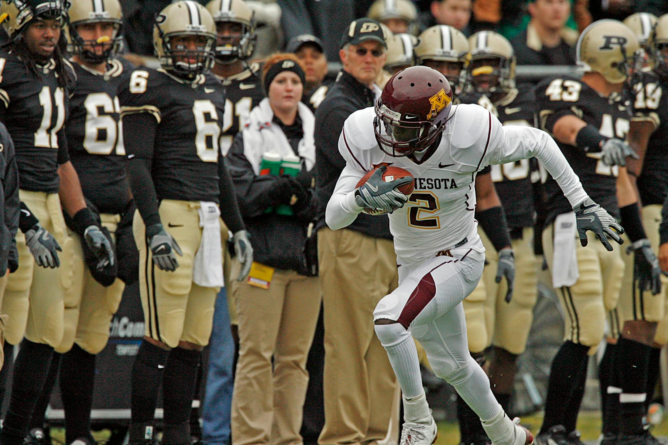 Gophers receiver Brandon Green raced downfield in front of the Purdue bench for a 70-yard gain to set up the first Gophers touchdown of the game - 3 plays into the first quarter.