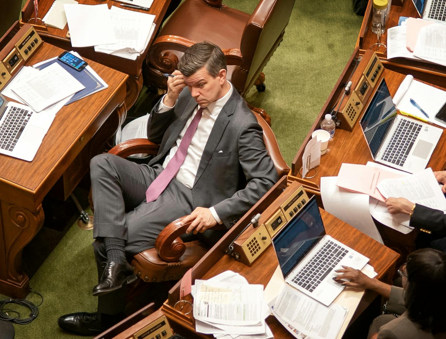 Majority Leader Ryan Winkler, D-Golden Valley listened as the House slogged through over a hundred amandments to the omnibus education bill on the House floor.