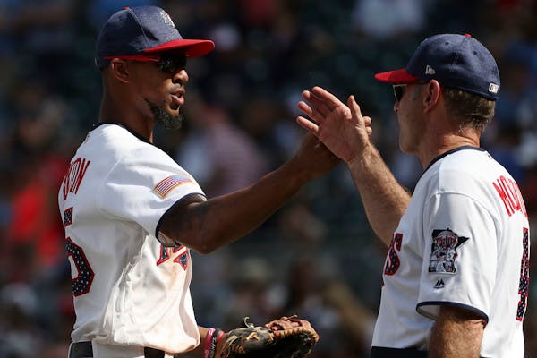 Minnesota Twins center fielder Byron Buxton (25) celebrated the win with Minnesota Twins manager Paul Molitor (4).