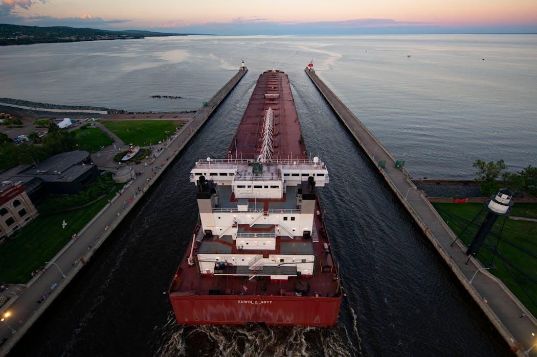 The Edwin H. Gott passed under the Aerial Lift Bridge in Duluth in 2020 as it began its journey on Lake Superior to the Canadian port of Nanticoke, which sits on Lake Erie.