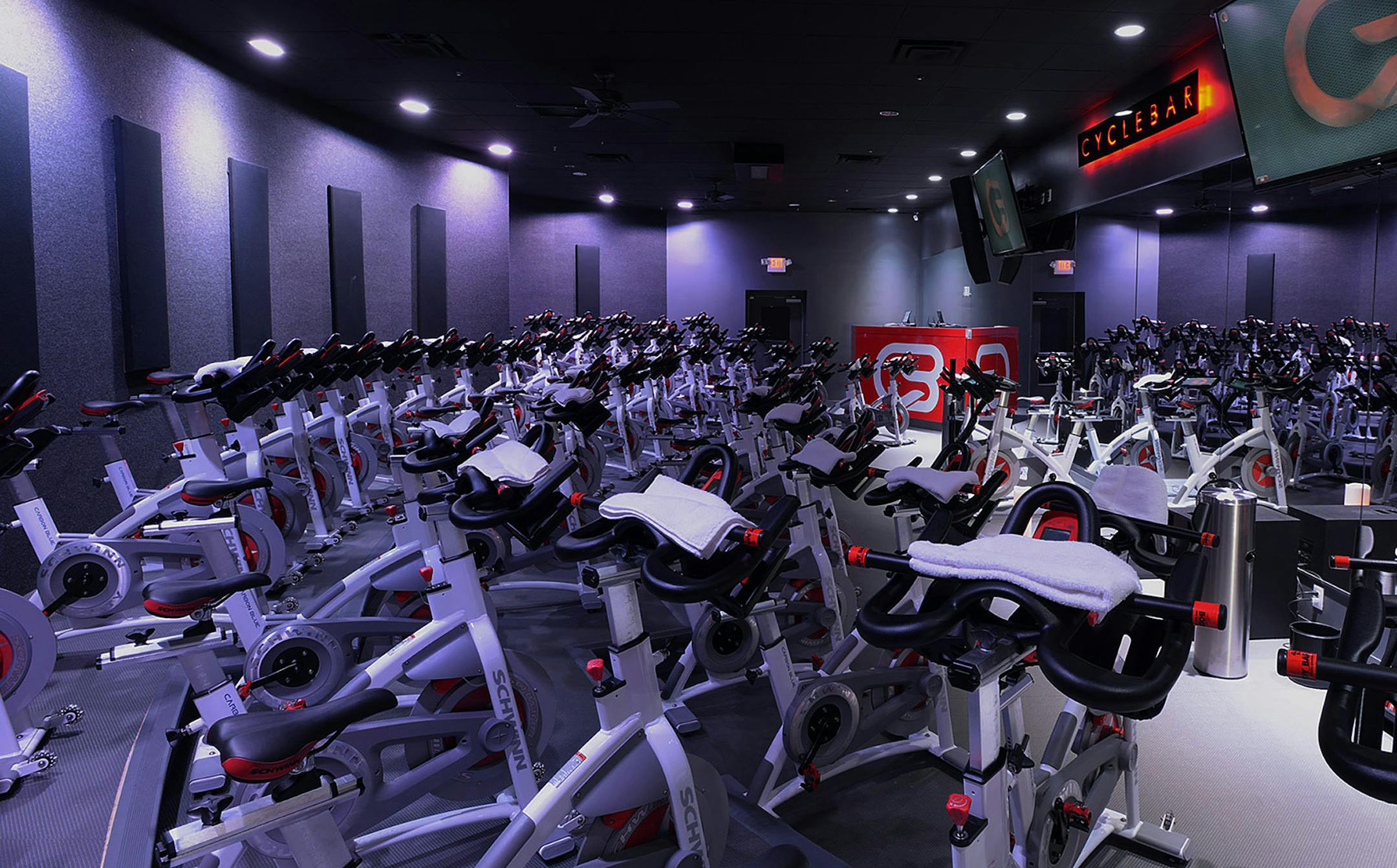 The CycleBar “theater” is decidedly upscale, with stadium-style seating and large-screen monitors.
