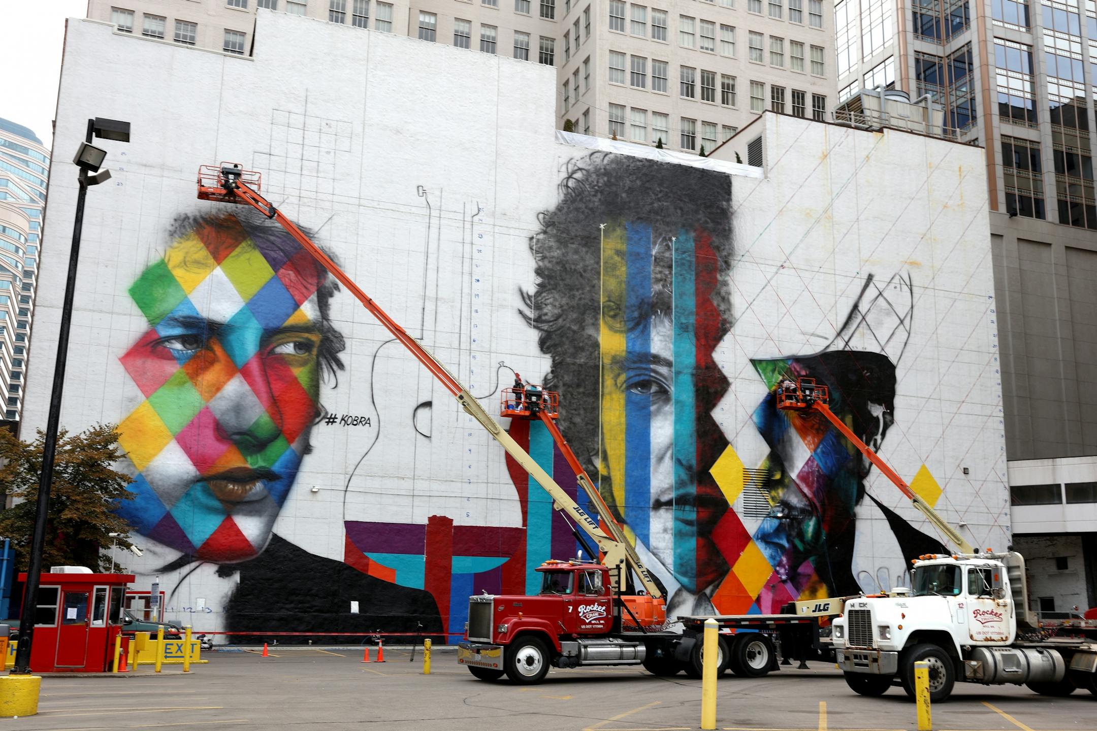 The blank white wall facing the corner of 5th and Hennipen Ave shot Saturday August 29, 2015. The 'canvas' for a mural by Brazillian artist Kobra- with multiple images of Bob Dylan. Photo By Tom Wallace