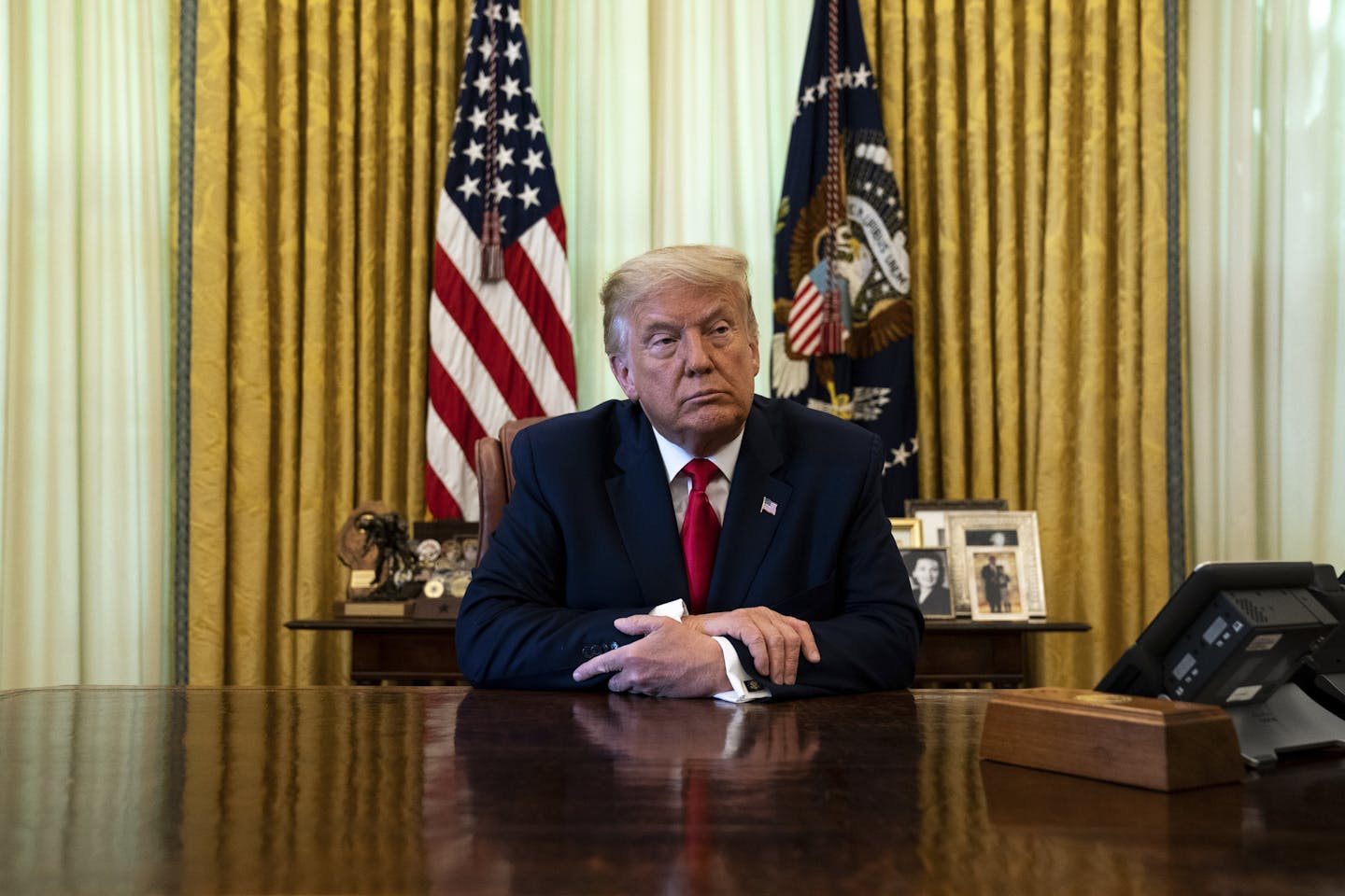 President Donald Trump in the Oval Office of the White House in Washington, Aug. 28, 2020. The Justice Department secretly took steps in 2017 to narrow the investigation into Russian election interference and any links to the Trump campaign, according to former law enforcement officials, keeping investigators from completing an examination of President TrumpÕs decades-long personal and business ties to Russia. (Anna Moneymaker/The New York Times)