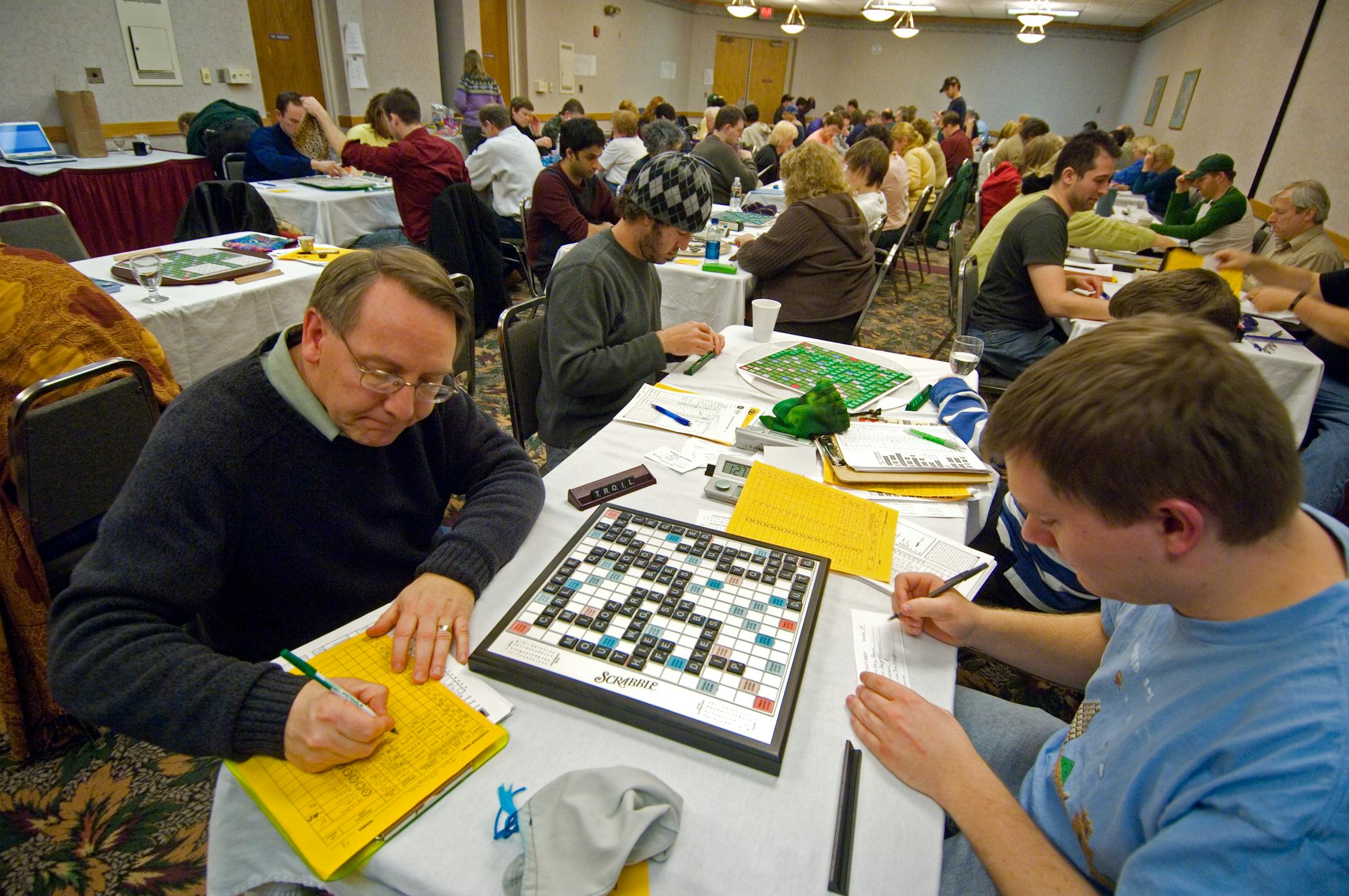 Tom O'Laughlin and Gary Sharon, along with 27 other pairs, played Scrabble at the Bloomington tournament.