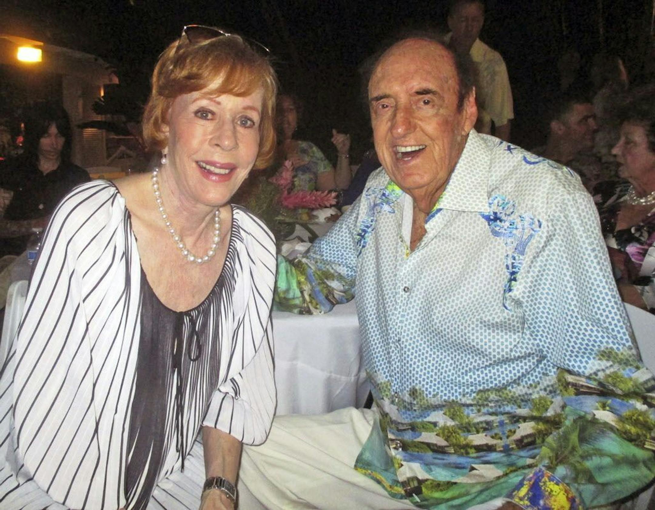 FILE - In this June 12, 2015 file photo, Jim Nabors and his friend and longtime collaborator in comedy Carol Burnett celebrate Nabors' 85th birthday at his home in Honolulu. Nabors died peacefully at his home in Honolulu on Thursday, Nov. 30, 2017, with his husband Stan Cadwallader at his side. He was 87.