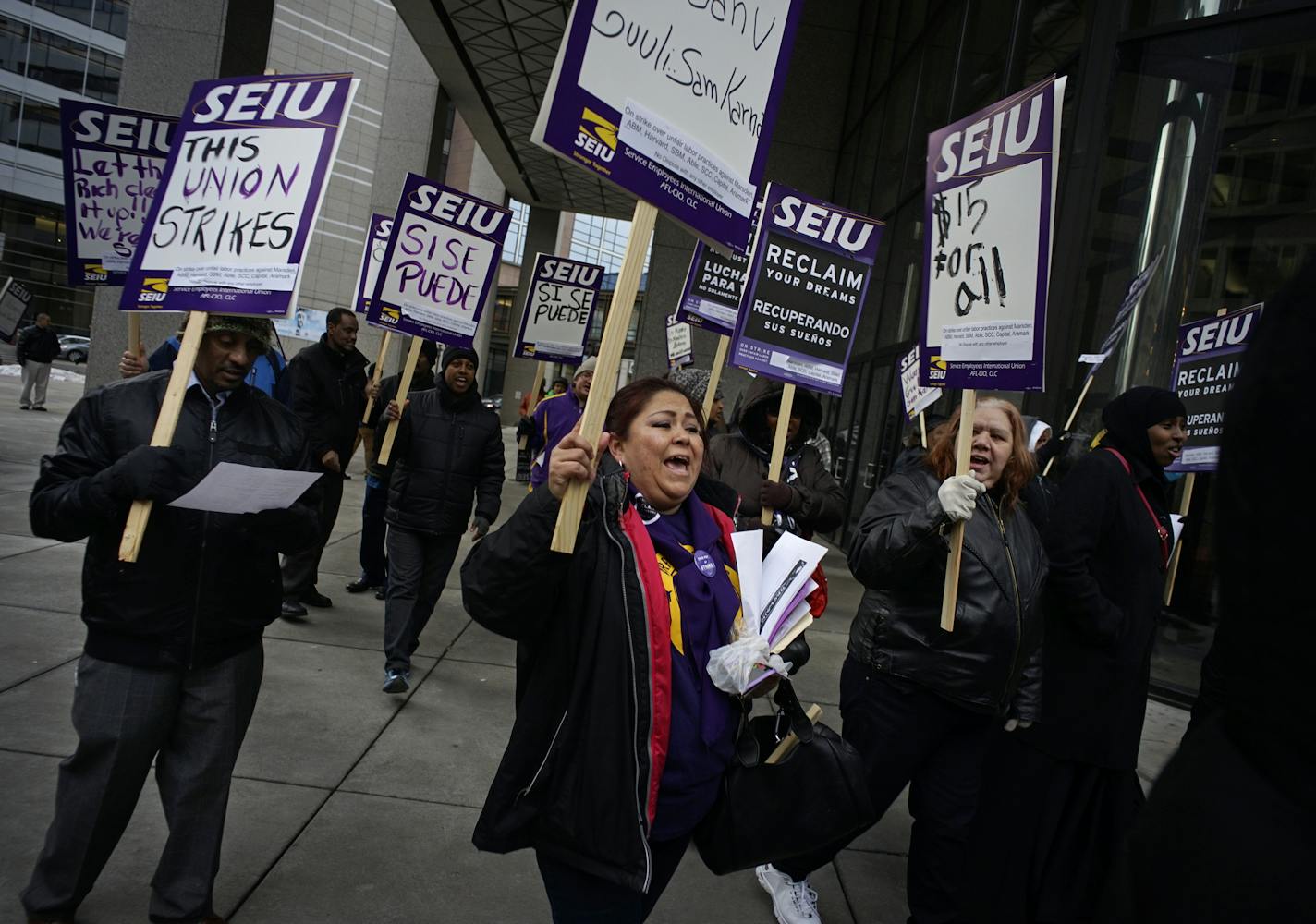 Several dozen janitors from the SEIU protested earltier this year at the Securian Center in downtown St. Paul.