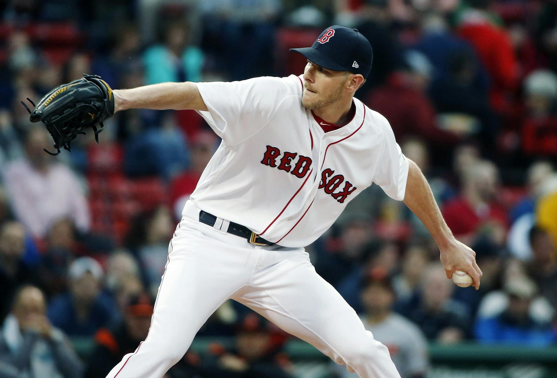 Boston Red Sox's Chris Sale pitches during the first inning of a baseball game against the Baltimore Orioles, Tuesday, May 2, 2017, in Boston. (AP Photo/Michael Dwyer)