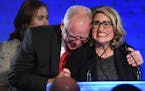 Governor-elect Tim Walz embraced running mate, Lt. Governor-elect Peggy Flanagan, as they took the stage for their acceptance speech Tuesday night at 