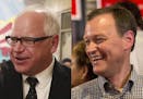 Tim Walz, left, and Jeff Johnson, right, debated Friday at the Minnesota State Fair.