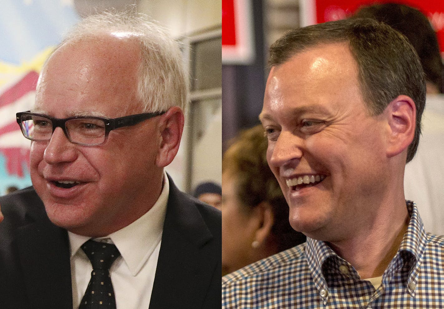 Tim Walz, left, and Jeff Johnson, right, debated Friday at the Minnesota State Fair.