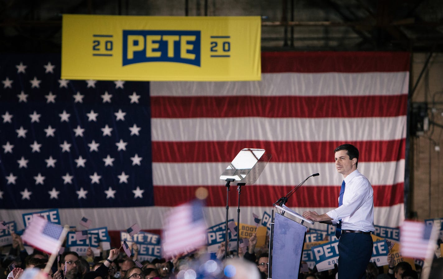 Mayor Pete Buttigieg kicks off his Democratic presidential bid at the Studebaker Building 84, a once-derelict auto plant now home to new businesses, in South Bend, Ind., April 14, 2019. Buttigieg&#x2019;s firing of South Bend&#x2019;s first black police chief, just months into his first term, unleashed a blizzard of claims, counterclaims and lawsuits, as well as anguish among the city&#x2019;s minority residents. (Alyssa Schukar/The New York Times)