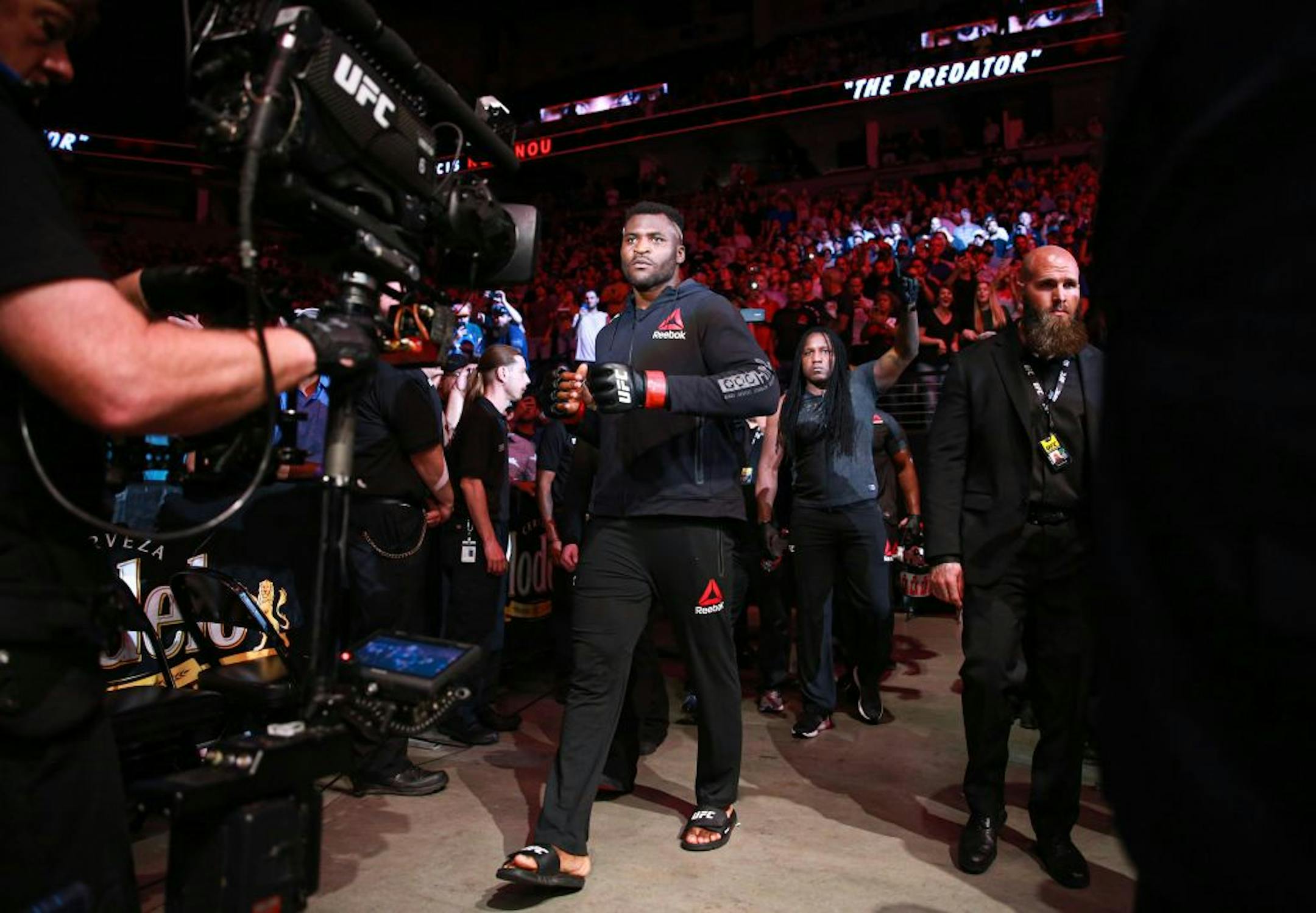 Francis Ngannou walks out of the tunnel before his heavyweight bout against Junior Dos Santos. ALEX KORMANN ¥ alex.kormann@startribune.com UFC Fight Night was held at Target Center on Saturday June 29, 2019. Francis Ngannou and Junior Dos Santos headlined the event.