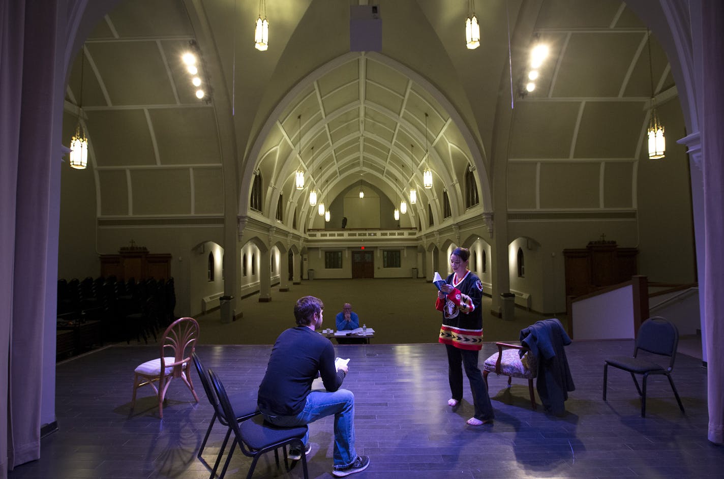 Actors Brian Broszko, Jenny Stevens and director Keith Reed during a rehearsal of the play The Mousetrap by Agatha Christie was conducted at the Steeple Center in Rosemount. The Steeple Center was a former church. ] CARLOS GONZALEZ cgonzalez@startribune.com - February 1, 2016, Rosemount, MN, Rosemount's Steeple Center has finished its expansion project, which connects it to a senior living complex and provides expanded meeting space for seniors and the whole community. The center also hosts clas