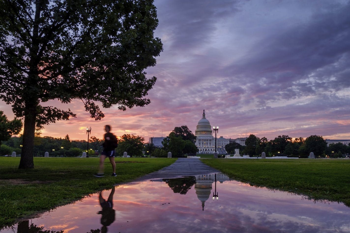 A pedestrian walks past a reflection of the U.S. Capitol in rain puddle at daybreak in Washington, Sunday, Aug. 13, 2017. (AP Photo/J. David Ake)