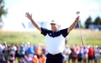Kenny Perry raised his hands in victory after winning the 3M Championship at the TPC Twins Cities golf course August 2, 2015 in Blaine, MN.
