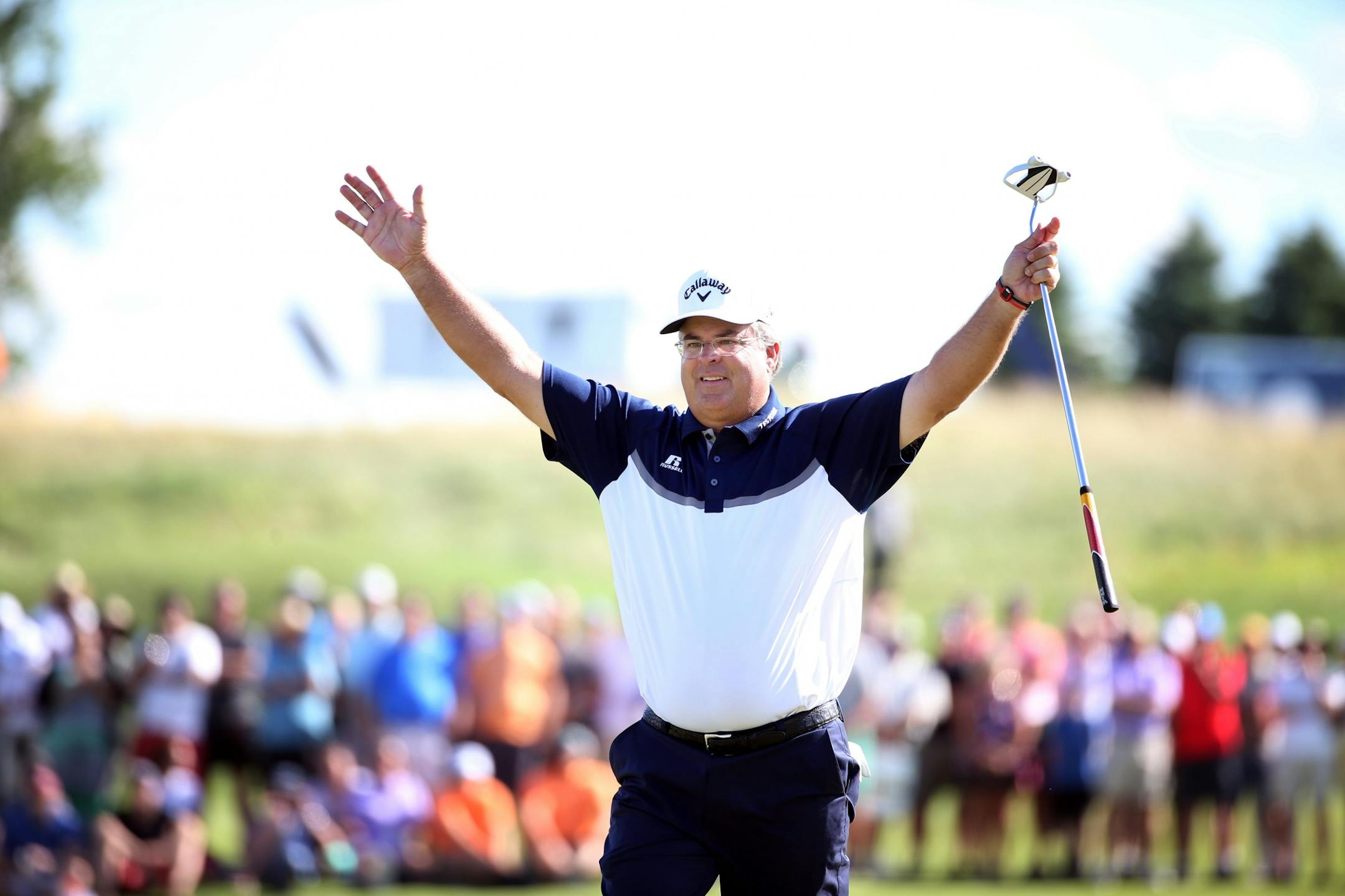 Kenny Perry raised his hands in victory after winning the 3M Championship at the TPC Twins Cities golf course August 2, 2015 in Blaine, MN.