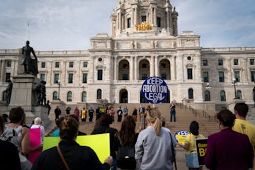 Around 250 people gather at the State Capitol in St. Paul, Minn., on September 13, 2021, to show their support for abortion rights and to protest the 