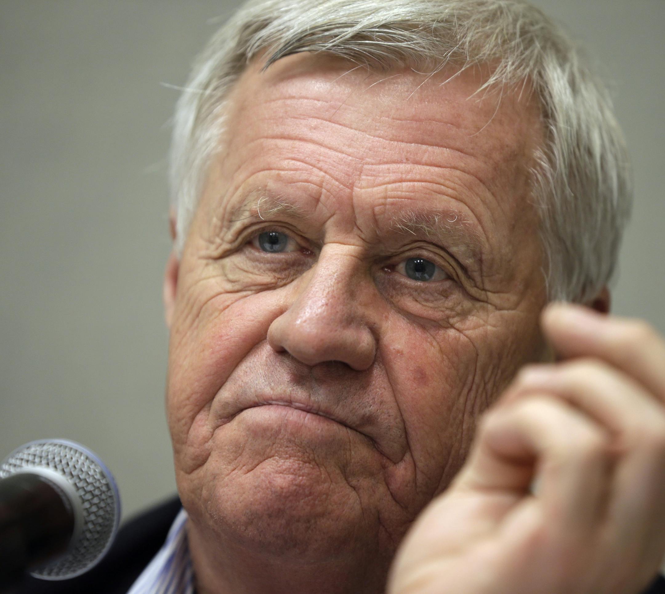 FILE - In this Sept. 2, 2014, file photo, Rep. Collin Peterson, D-Minn., listens to a question in Hot Springs, Ark. Peterson was one of two Democrats that broke ranks Thursday to oppose the resolution that sets ground rules for an impeachment inquiry of President Donald Trump. (AP Photo/Danny Johnston, File)