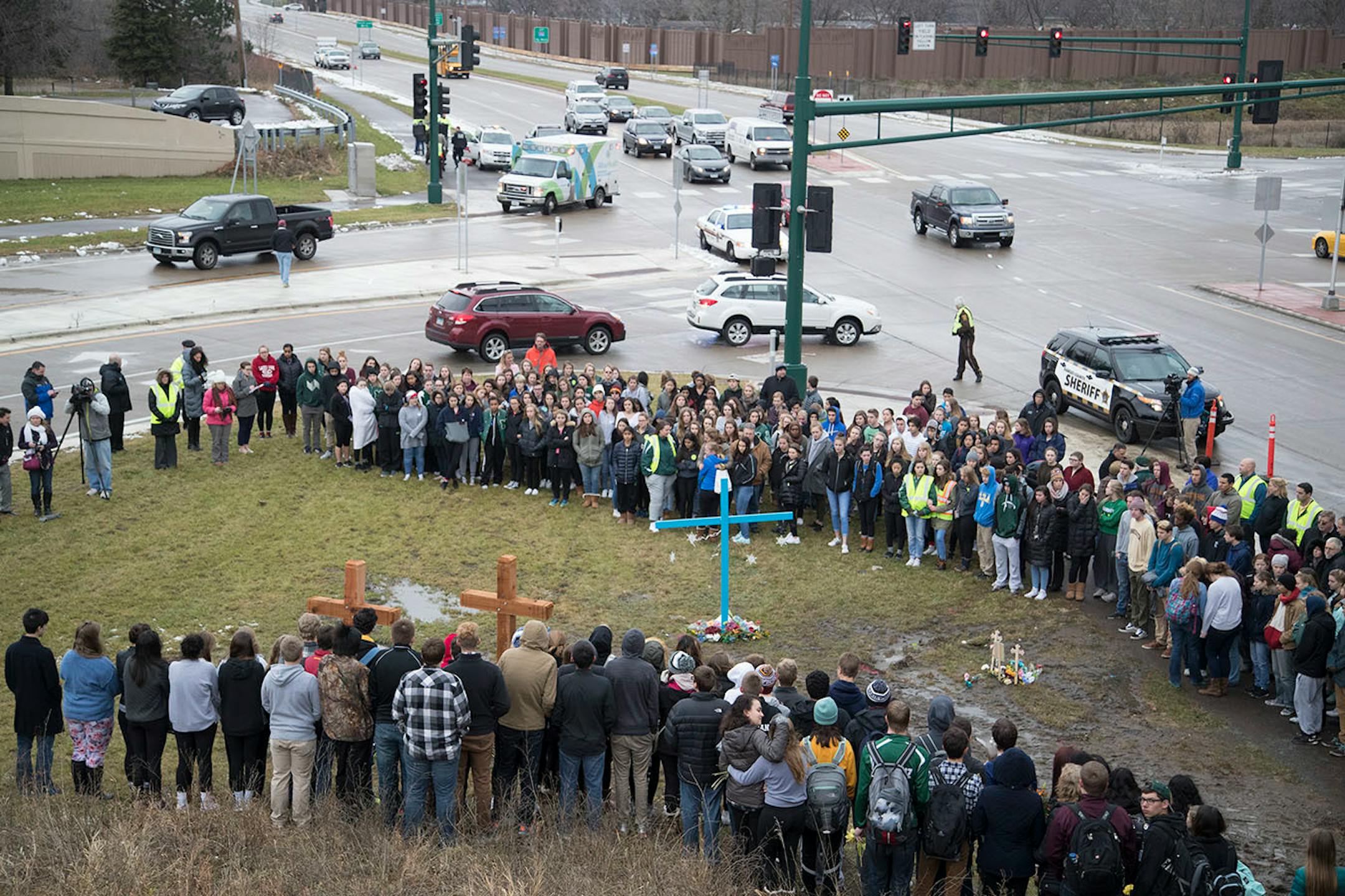 Students from Mounds View High school gathered at the crash scene along Hwy. 96 where they left memorials for two students who were killed in a crash December 05, 2016.