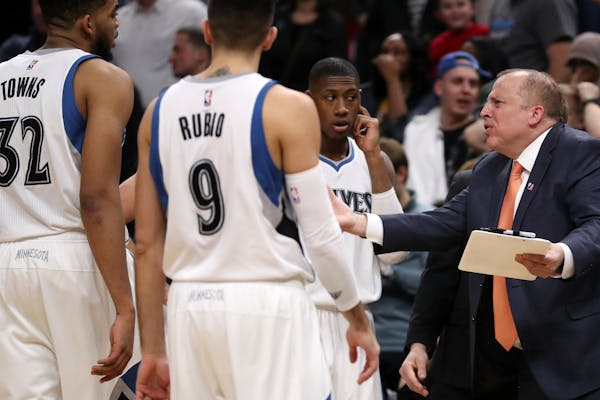 Timberwolves coach Tom Thibodeau talked to his team after Houston tied the score to send Saturday's game into overtime.