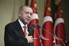 Turkish President Recep Tayyip Erdogan speaks during a reception on Republic Day, in Ankara, Turkey, Tuesday, Oct. 29, 2019.