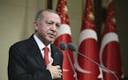 Turkish President Recep Tayyip Erdogan speaks during a reception on Republic Day, in Ankara, Turkey, Tuesday, Oct. 29, 2019.