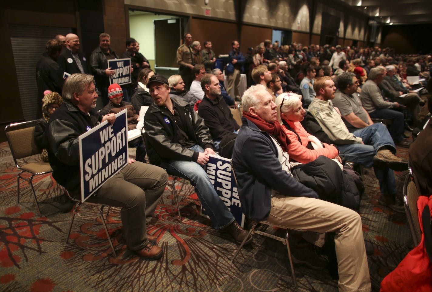 About 1500 people jammed a meeting room at the Duluth Entertainment and Convention Center Thursday night, January 16, 2013 for the first public hearing about a controversial open pit mine near Babbitt that has been proposed by PolyMet Mining Corp. of Canada. The crowded meeting room in the DECC as the hearing got underway Thursday night.