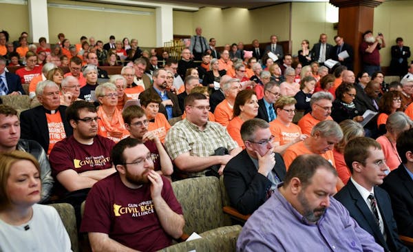 Members of the gun owners civil rights alliance wearing maroon and members of a coalition of people against expanded gun rights, mostly wearing orange