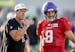 Chad Greenway spoke with Minnesota Vikings quarterback Kirk Cousins (8) before practice Thursday, August 3, 2023, at TCO Stadium in Eagan, Minn.