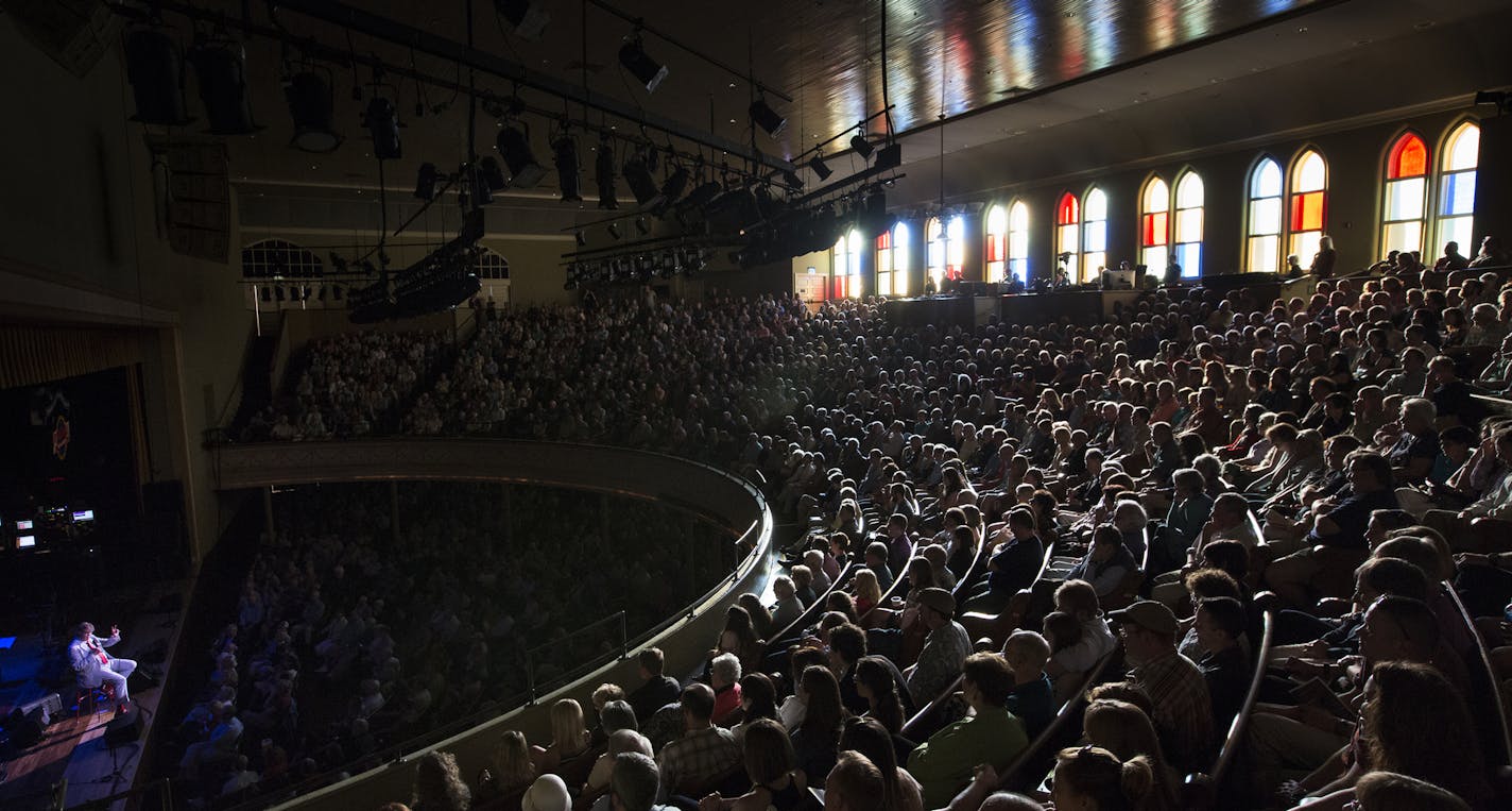 Garrison Keillor reads the "News from Lake Wobegon" during the live broadcast. ] (Leila Navidi/Star Tribune) leila.navidi@startribune.com BACKGROUND INFORMATION: The live broadcast of "A Prairie Home Companion" at the Ryman Auditorium in Nashville, Tenn. on Saturday, May 7, 2016. This is Garrison Keillor's last season on "A Prairie Home Companion."